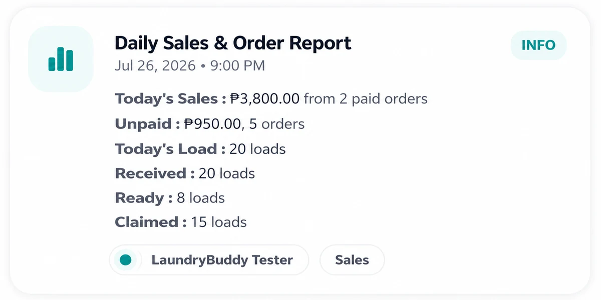 Laundry Buddy daily sales and order report showing ₱3,800 in paid sales, ₱950 unpaid, 20 loads received, 8 ready loads, and 15 claimed loads